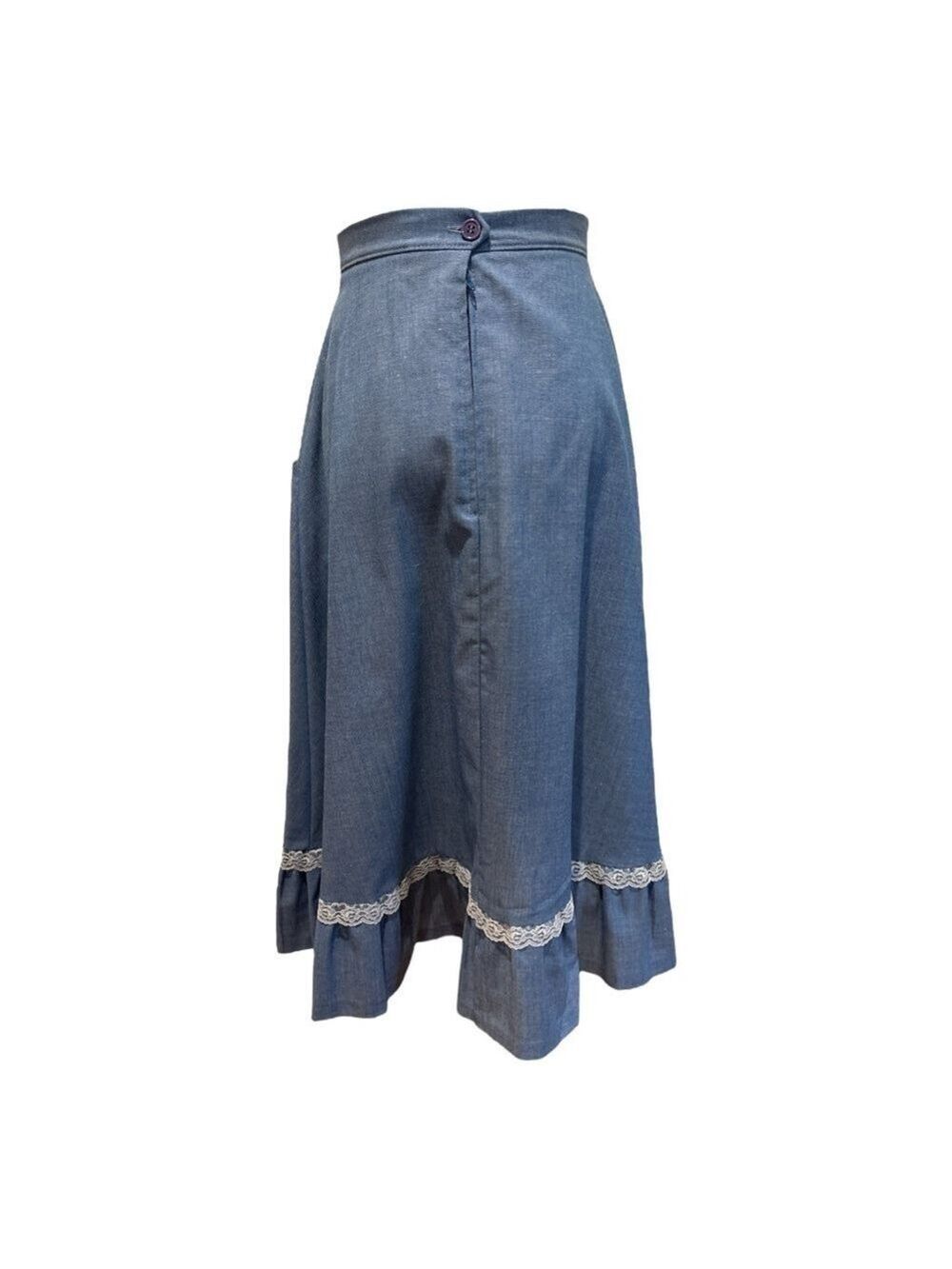 70s RTII COTTON BLUE CHAMBRAY & WHITE LACE COTTAGECORE COWGIRL MIDI SKIRT SZ S - Picture 6 of 8